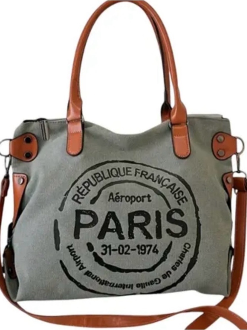 Source Unknown Gray Canvas Paris Tote with Brown Trim NWOT